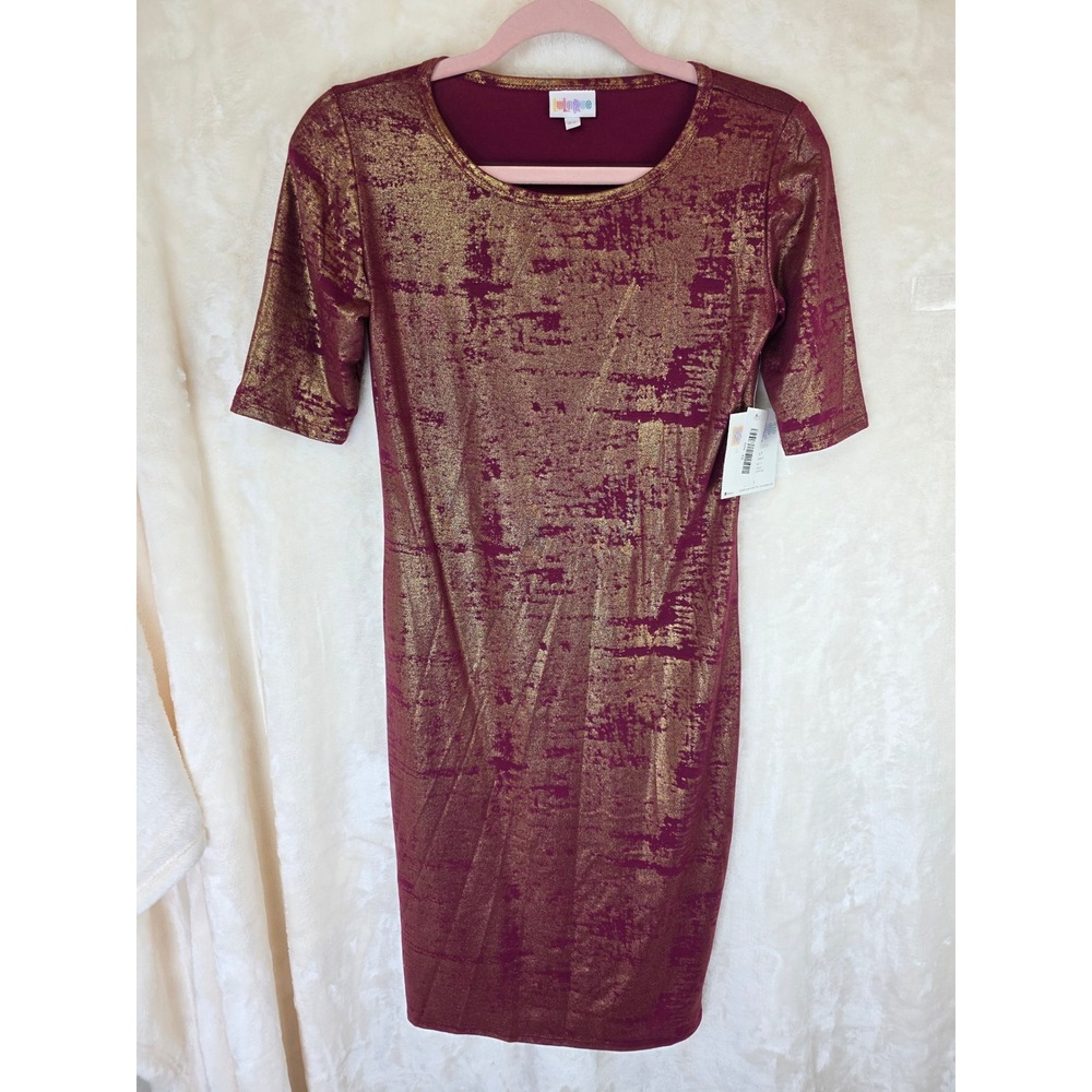LuLaRoe Julia Dress Womens XS Burgundy Gold Metallic Foil Sheath Limited Edition
